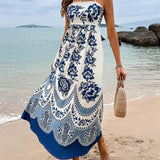 Vestido midi holgado con estampado floral étnico y espalda fruncida