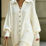 Blanco | Cardigan de punto suave estilo francés con botones, manga larga y puños acanalados para mujer