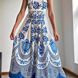 Vestido midi holgado con estampado floral étnico y espalda fruncida