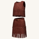 Violeta Top halter ante sintético con flecos burdeos look elegante completo