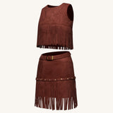 Violeta Top halter ante sintético con flecos burdeos look elegante completo