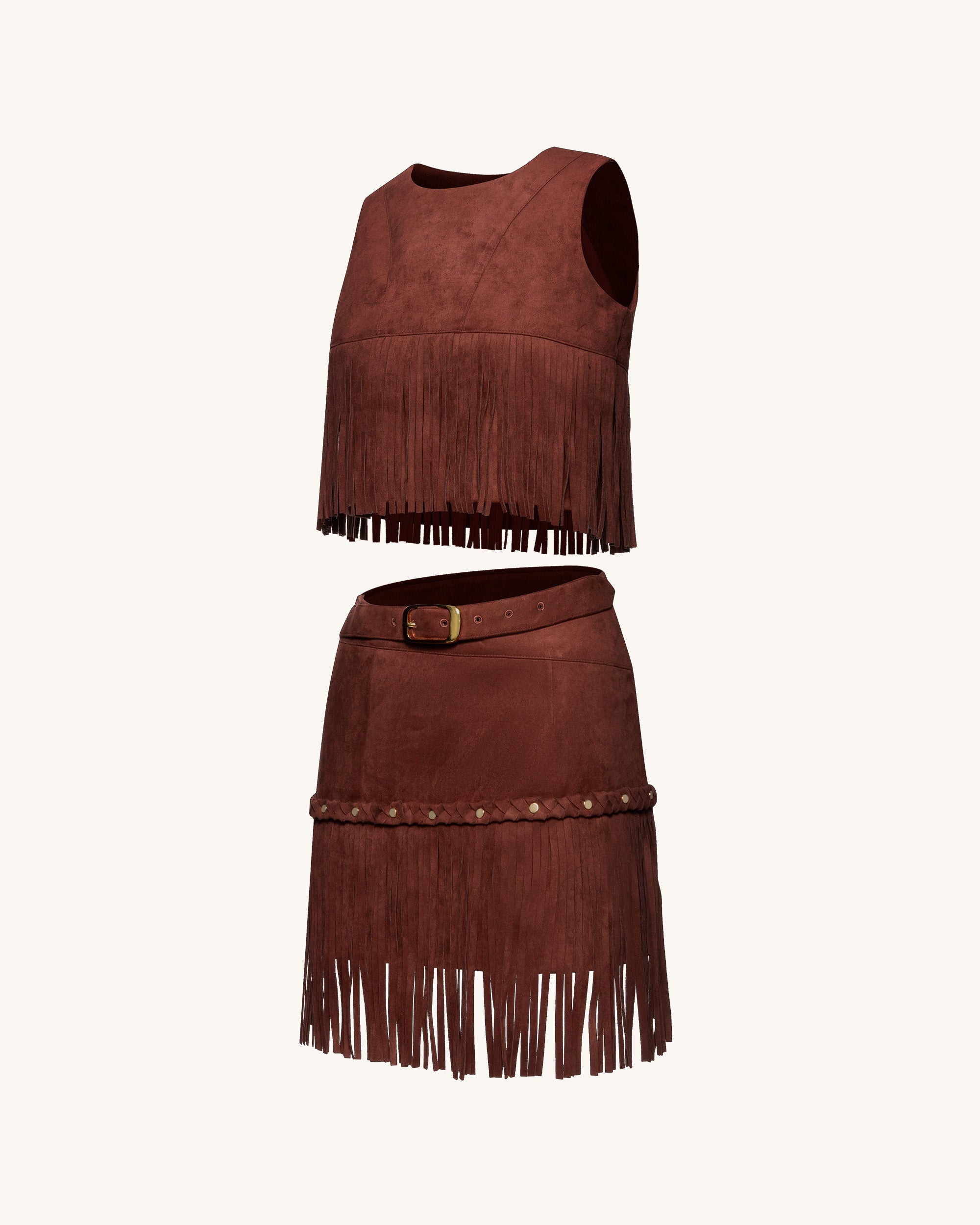 Violeta Top halter ante sintético con flecos burdeos look elegante completo