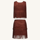 Violeta Top halter ante sintético con flecos burdeos outfit moderno femenino