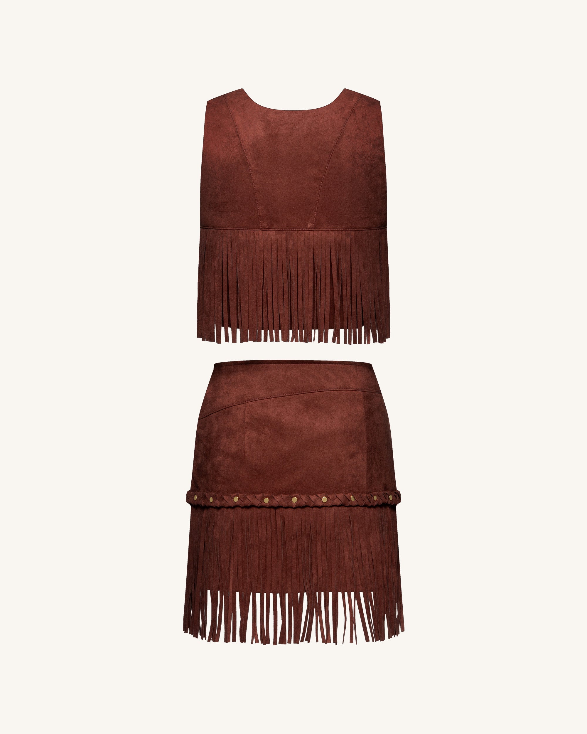 Violeta Top halter ante sintético con flecos burdeos outfit moderno femenino