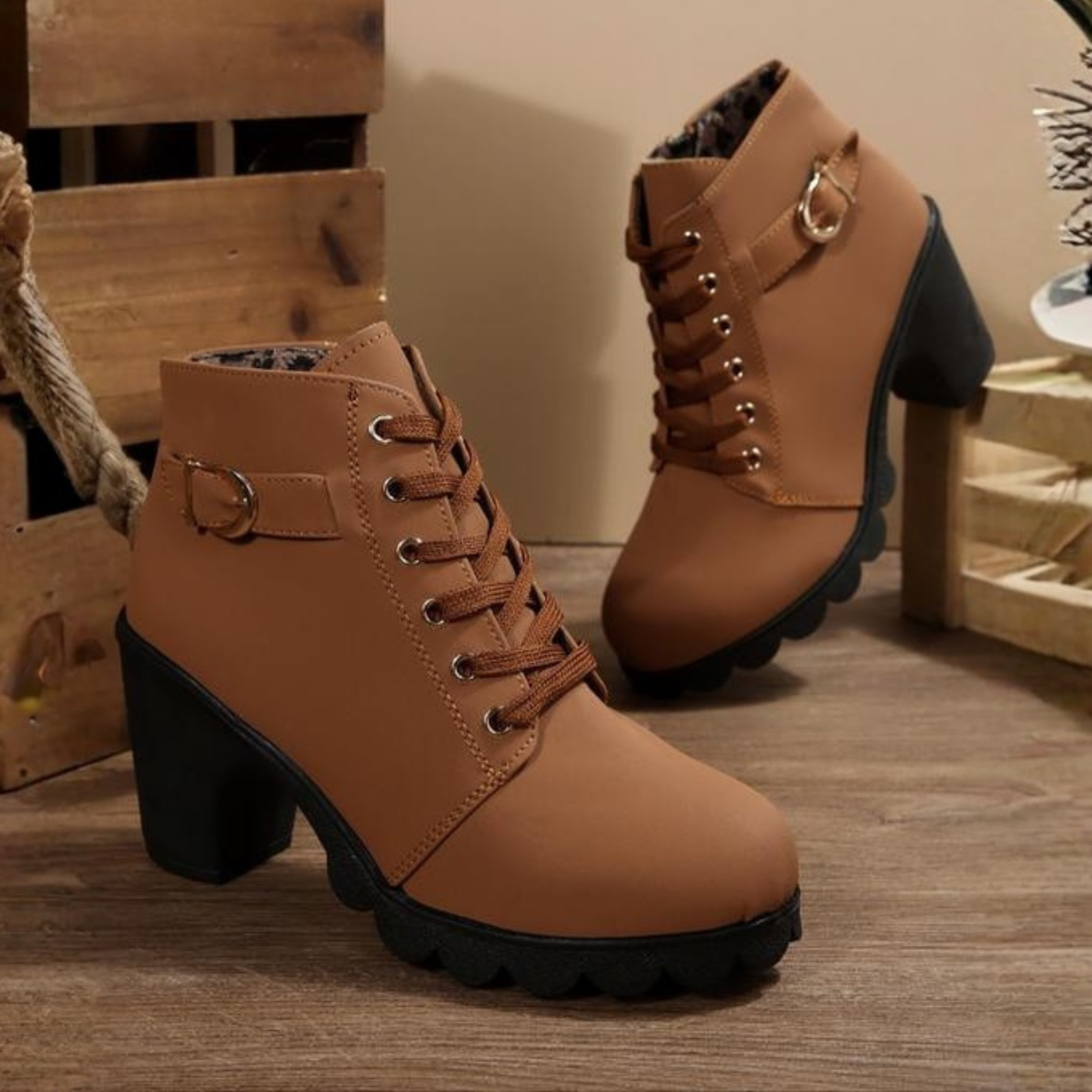 KATNI™ - Botines elegantes de caña baja con cordones, hebilla metálica y suela gruesa