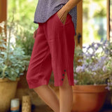 Pantalones capri casuales para mujer, de color liso y con bolsillos