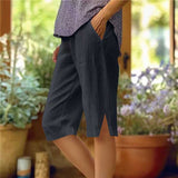 Pantalones capri casuales para mujer, de color liso y con bolsillos