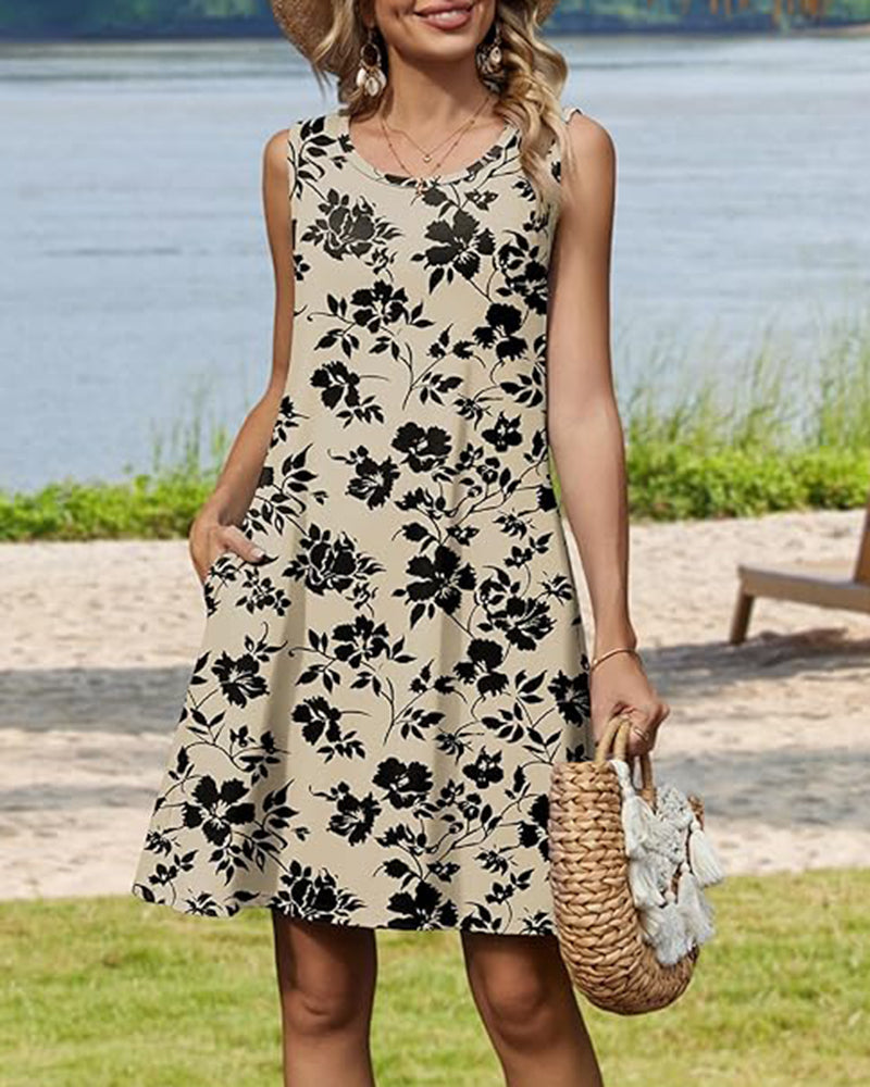 Joana | Vestido casual veraniego sin mangas con flores para mujer y bolsillos