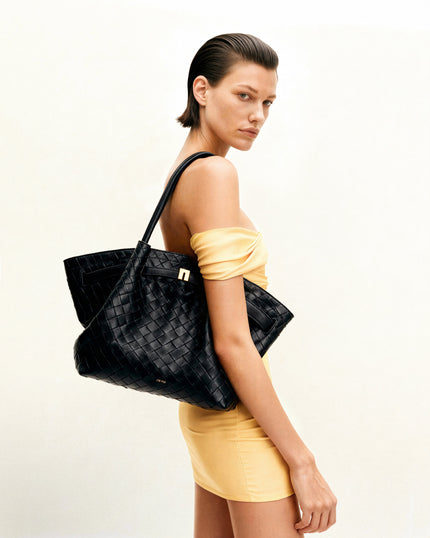 Anna Bolso de Textura de Tejido Medio Negro bolso femenino moderno