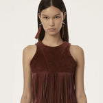 Violeta Top halter ante sintético con flecos burdeos vista frontal