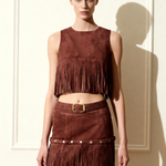 Violeta Top halter ante sintético con flecos burdeos vista lateral