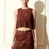 Violeta Top halter ante sintético con flecos burdeos vista lateral
