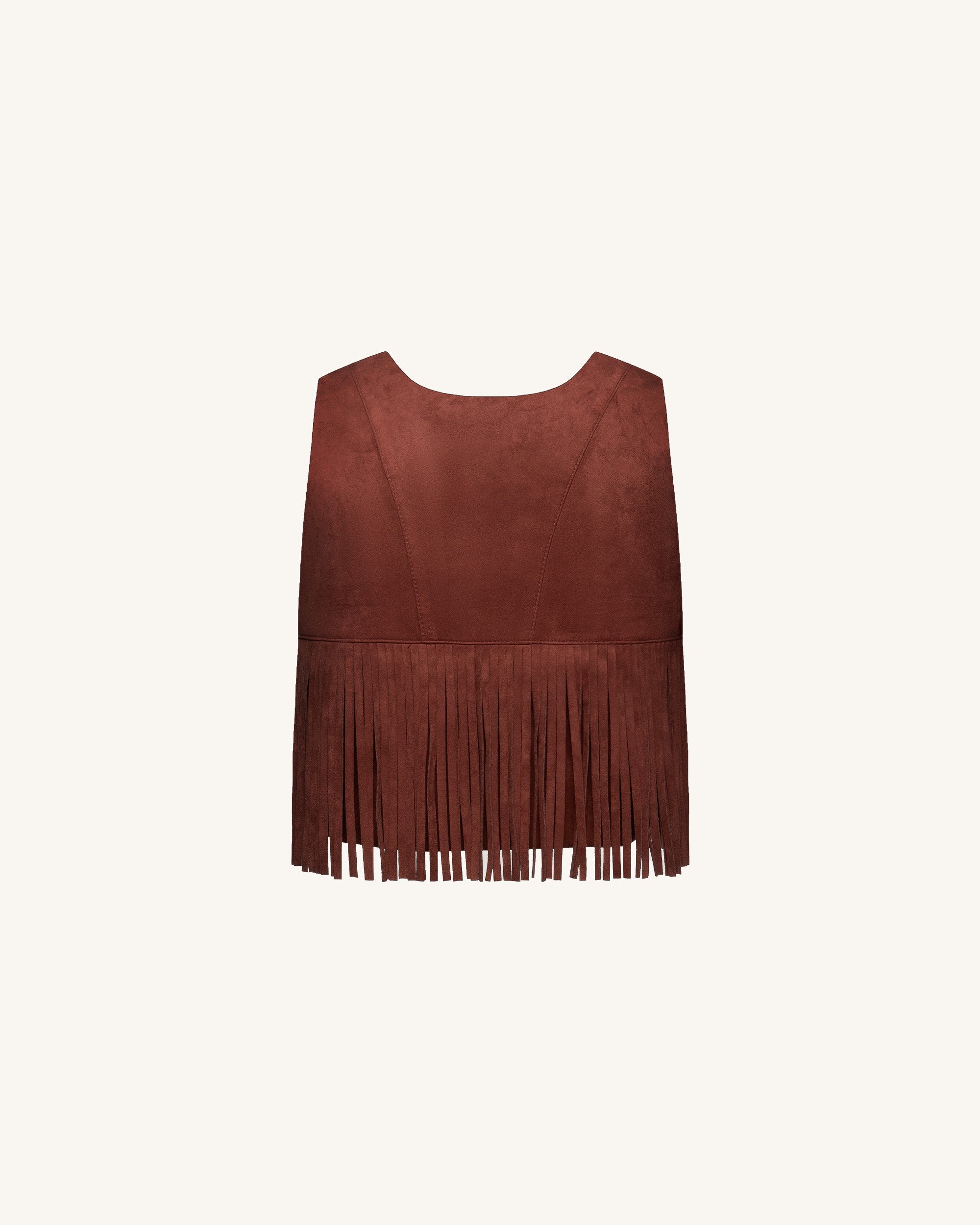 Violeta Top halter ante sintético con flecos burdeos detalle del tejido