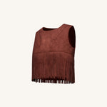 Violeta Top halter ante sintético con flecos burdeos detalle de flecos