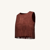 Violeta Top halter ante sintético con flecos burdeos detalle de flecos