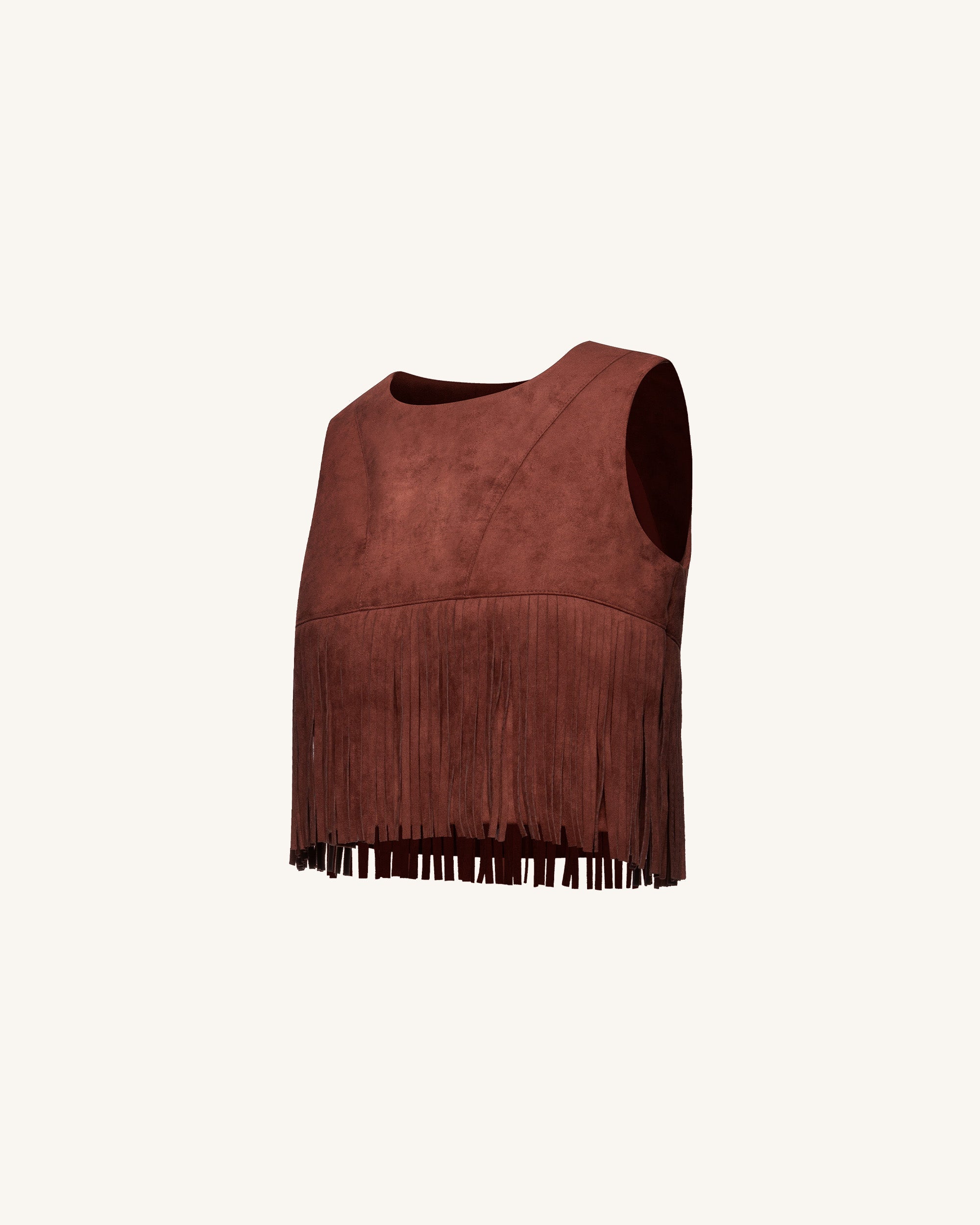 Violeta Top halter ante sintético con flecos burdeos detalle de flecos