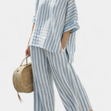 Federica | Blue Striped Linen Crop Top and Pants Set