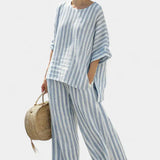 Federica | Blue Striped Linen Crop Top and Pants Set