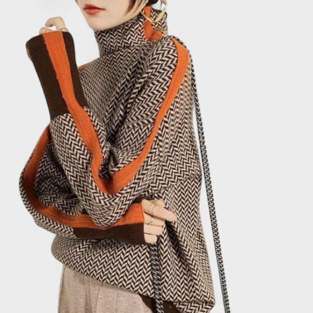 Maite Suéter de lujo con cuello alto en espiga detalle tejido espiga