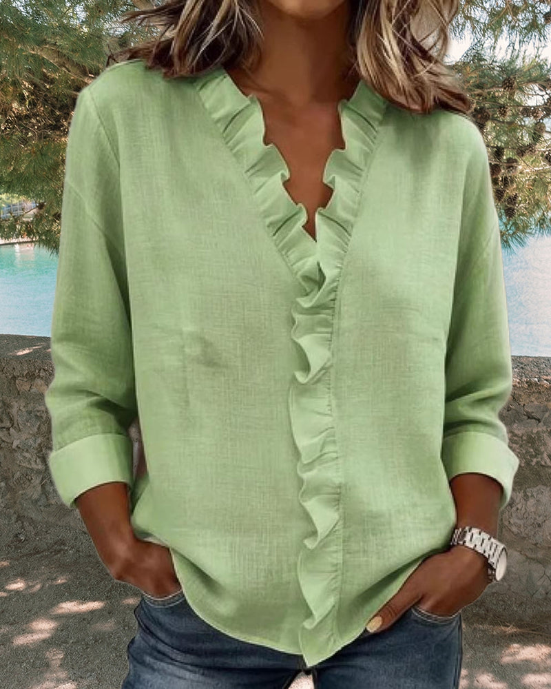 Nerea | Blusa de manga larga con escote en V y volantes de estilo elegante y casual