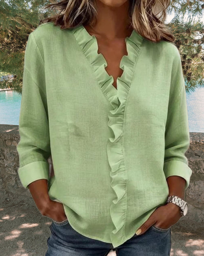 Nerea | Blusa de manga larga con escote en V y volantes de estilo elegante y casual