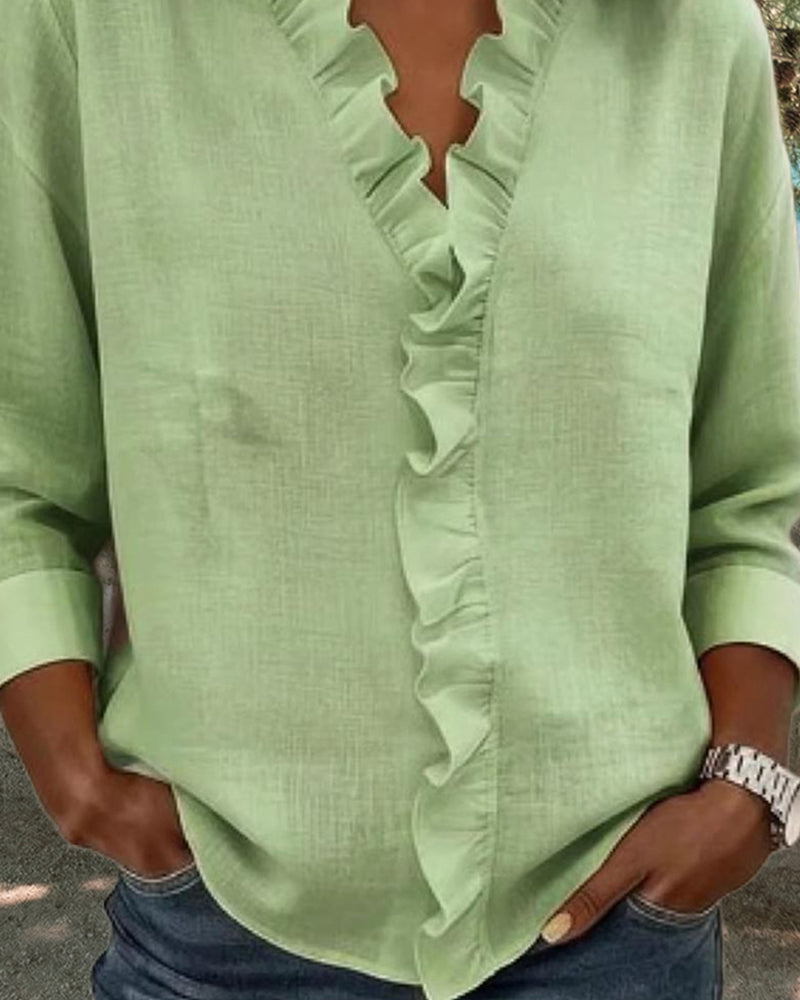 Nerea | Blusa de manga larga con escote en V y volantes de estilo elegante y casual