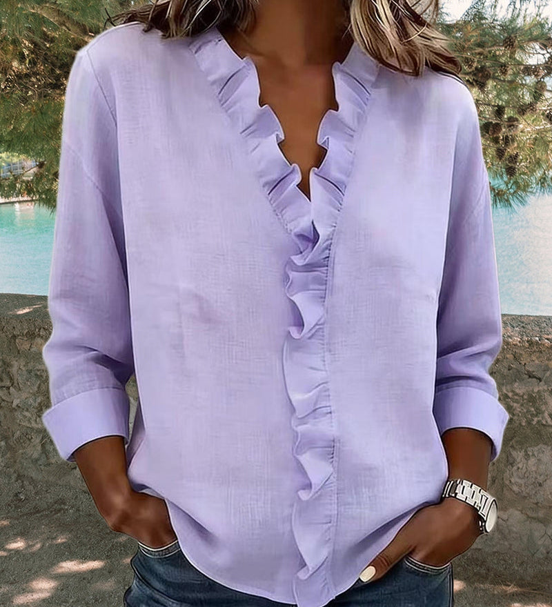 Nerea | Blusa de manga larga con escote en V y volantes de estilo elegante y casual