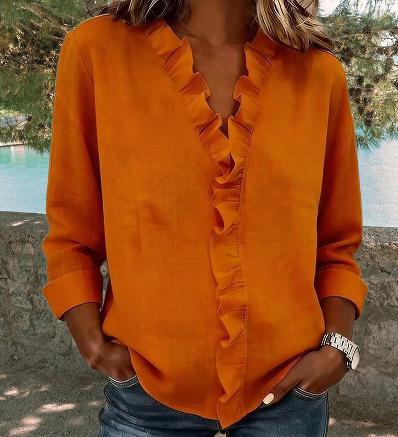 Nerea | Blusa de manga larga con escote en V y volantes de estilo elegante y casual