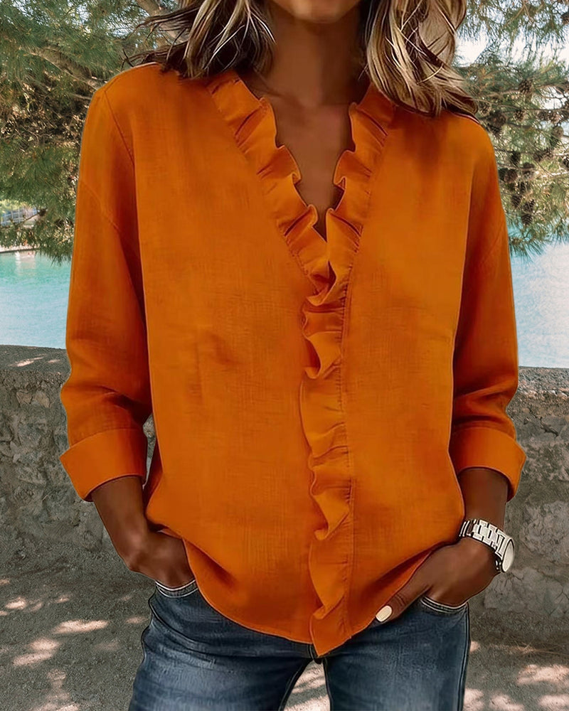 Nerea | Blusa de manga larga con escote en V y volantes de estilo elegante y casual