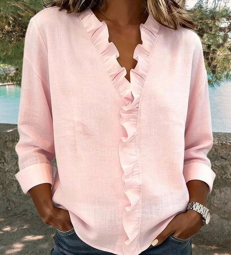 Nerea | Blusa de manga larga con escote en V y volantes de estilo elegante y casual