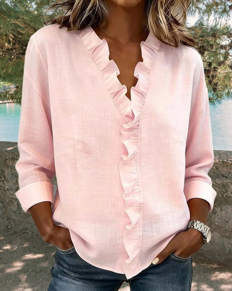Nerea | Blusa de manga larga con escote en V y volantes de estilo elegante y casual