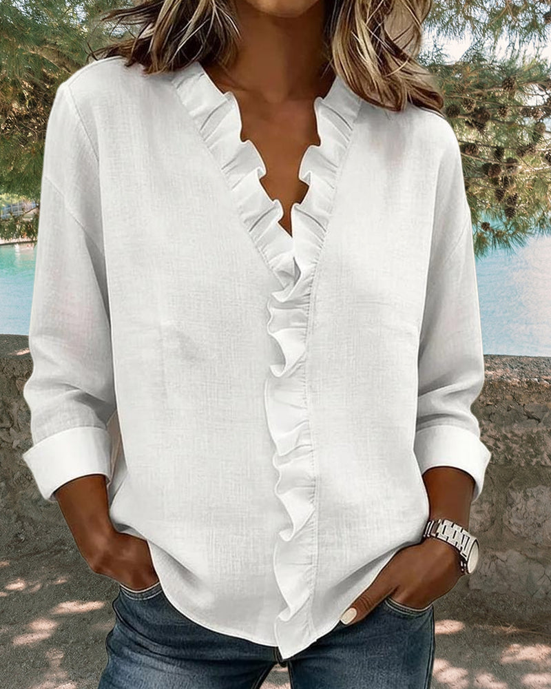 Nerea | Blusa de manga larga con escote en V y volantes de estilo elegante y casual