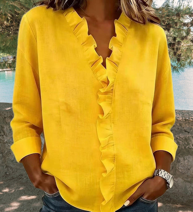 Nerea | Blusa de manga larga con escote en V y volantes de estilo elegante y casual