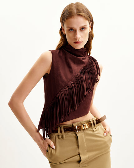 Miranda Top gamuza flecos asimétricos burdeos vista lateral