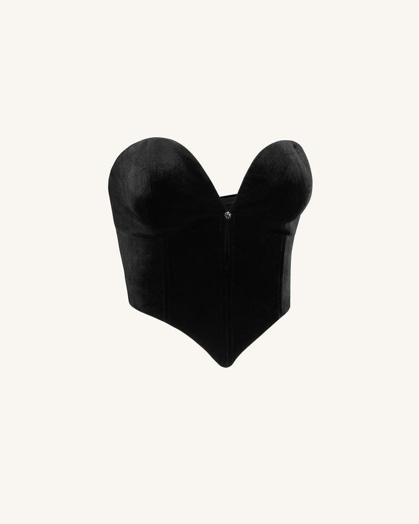 Vera Top corsé terciopelo escote bajo negro detalle del corsé