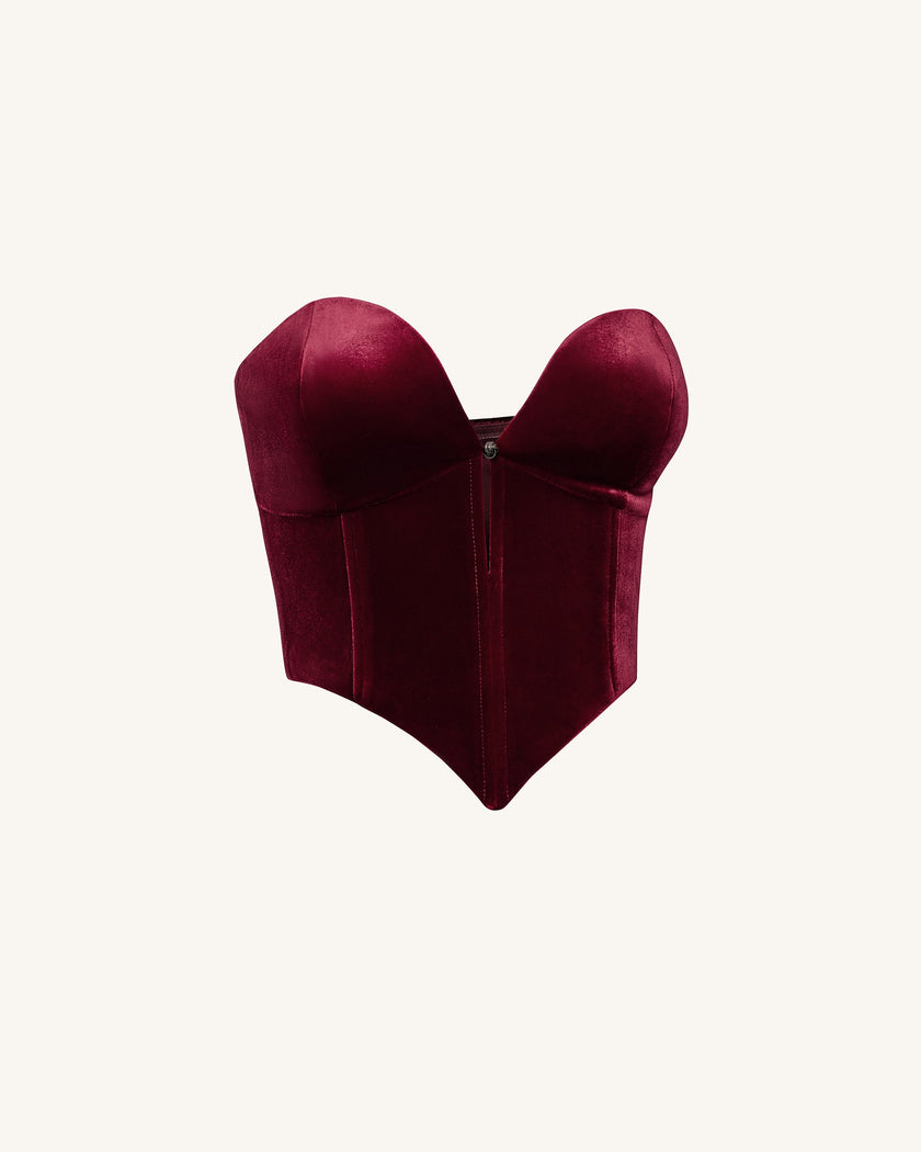 Verónica Top corsé terciopelo escote bajo color claret detalle de terciopelo