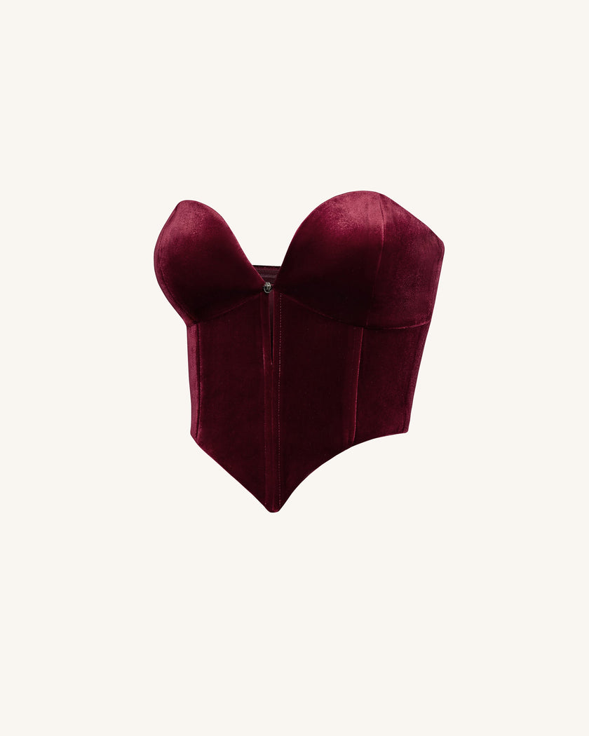 Verónica Top corsé terciopelo escote bajo color claret detalle del escote