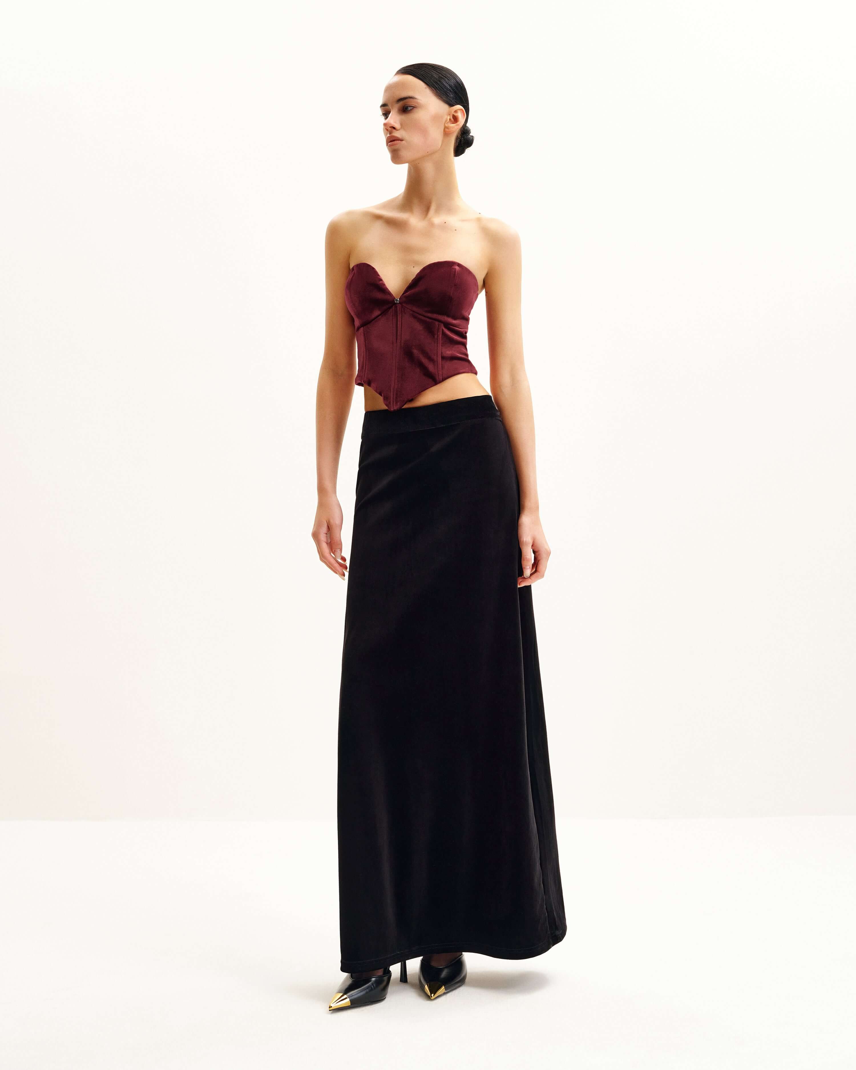 Verónica Top corsé terciopelo escote bajo color claret vista frontal