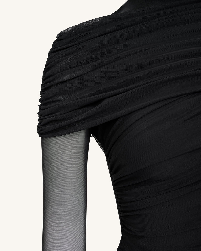 Chloe Top fruncido cuello alto transparente negro look femenino elegante