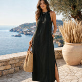 Jimena | Linen midi dress with mandarin collar