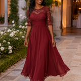 Noelia | Elegant long trapeze lace and muslin dress