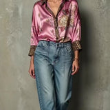 Sara | blusa vintage de satén con estampado floral de leopardo