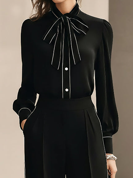 Claudia | Conjunto de camisa negra elegante y pantalones de pierna ancha con ribete blanco