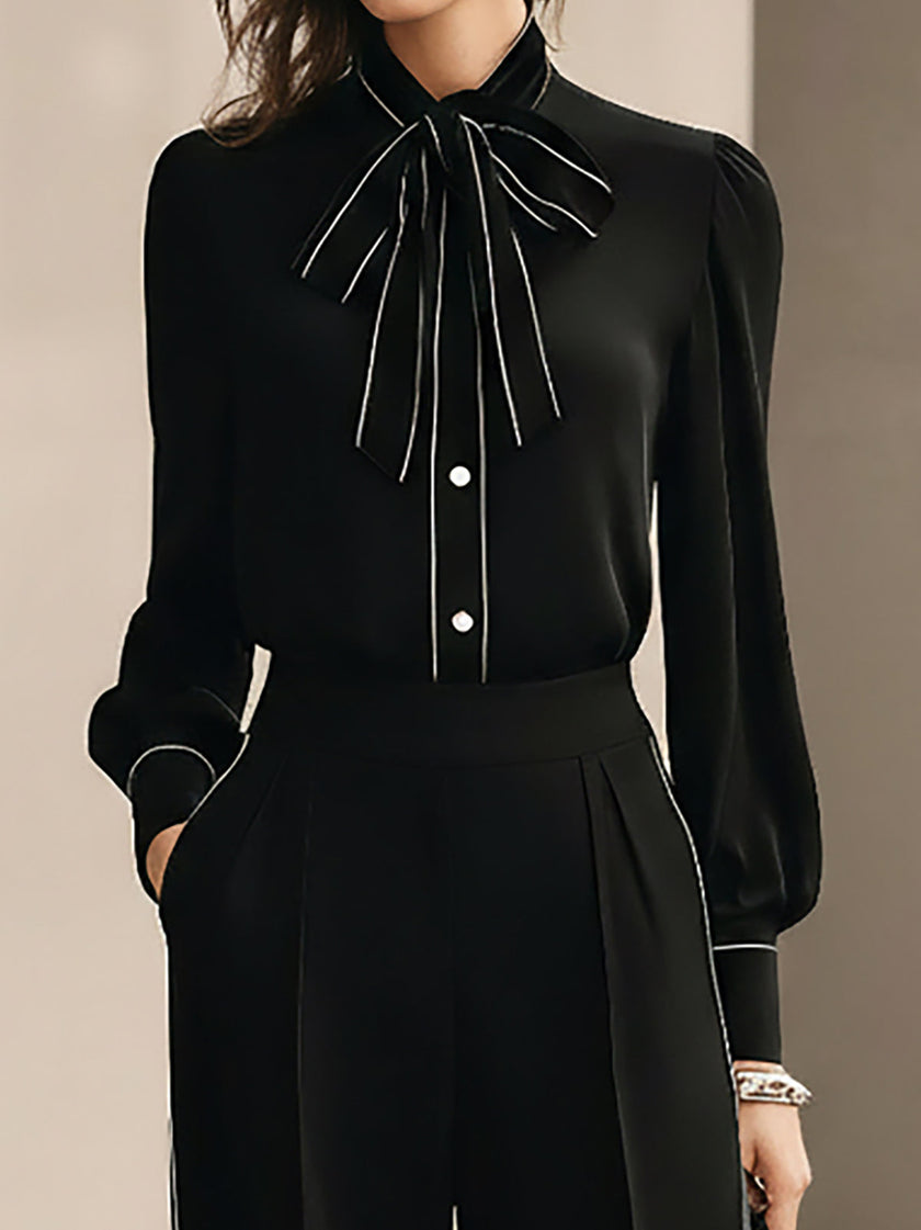 Claudia | Conjunto de camisa negra elegante y pantalones de pierna ancha con ribete blanco