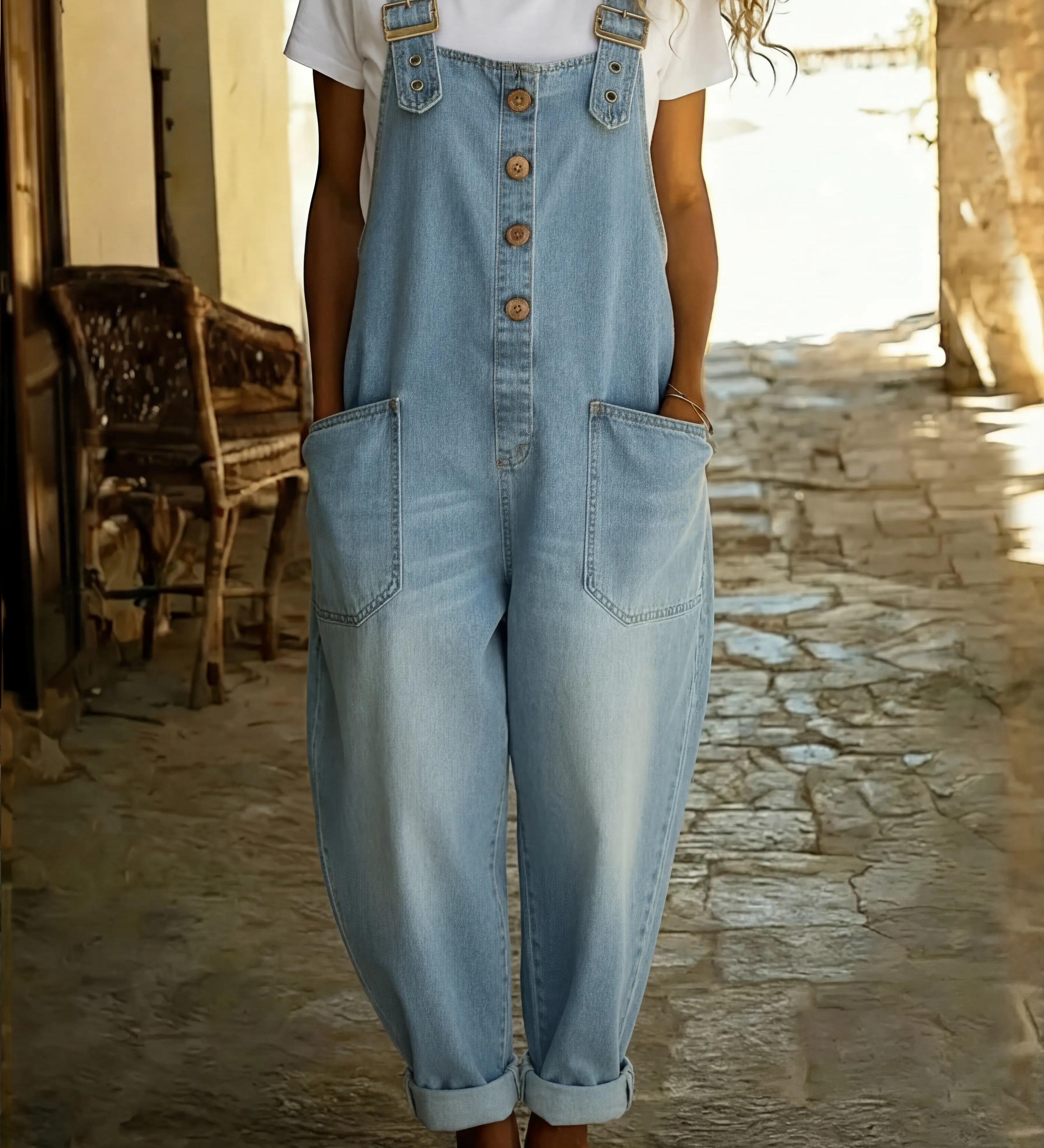 Rocio | Mono vaquero casual con hebilla ajustable.