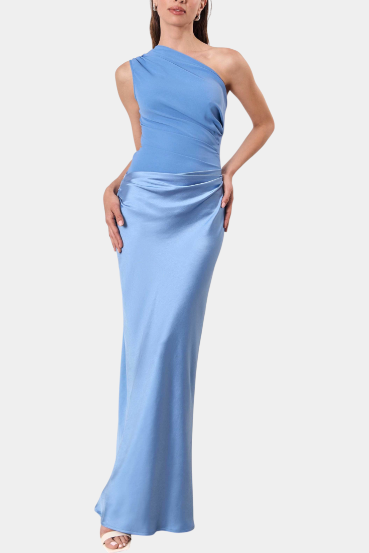 Lía |  Vestido Largo de Fiesta Plisado con Escote de Un Solo Hombro