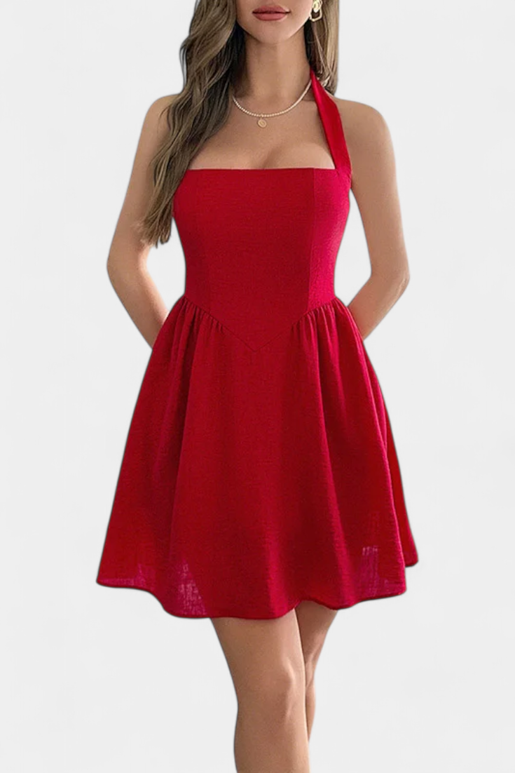 Kassandra Vestido Mini Halter con Espalda Abierta y Silueta Evasé elegante