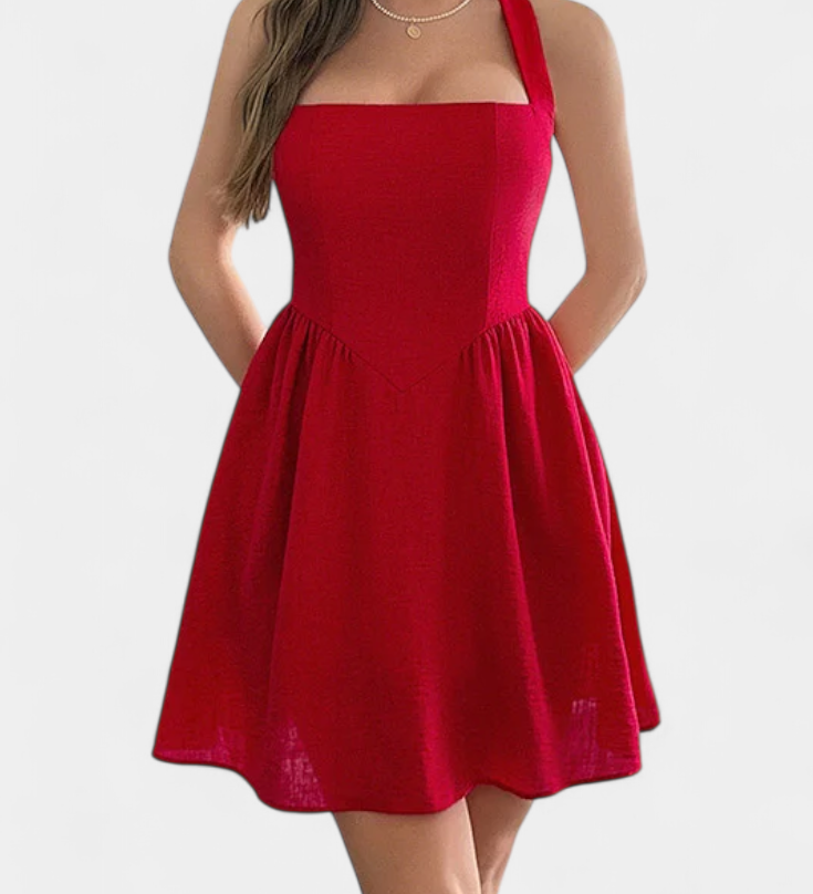 Kassandra Vestido Mini Halter con Espalda Abierta y Silueta Evasé elegante