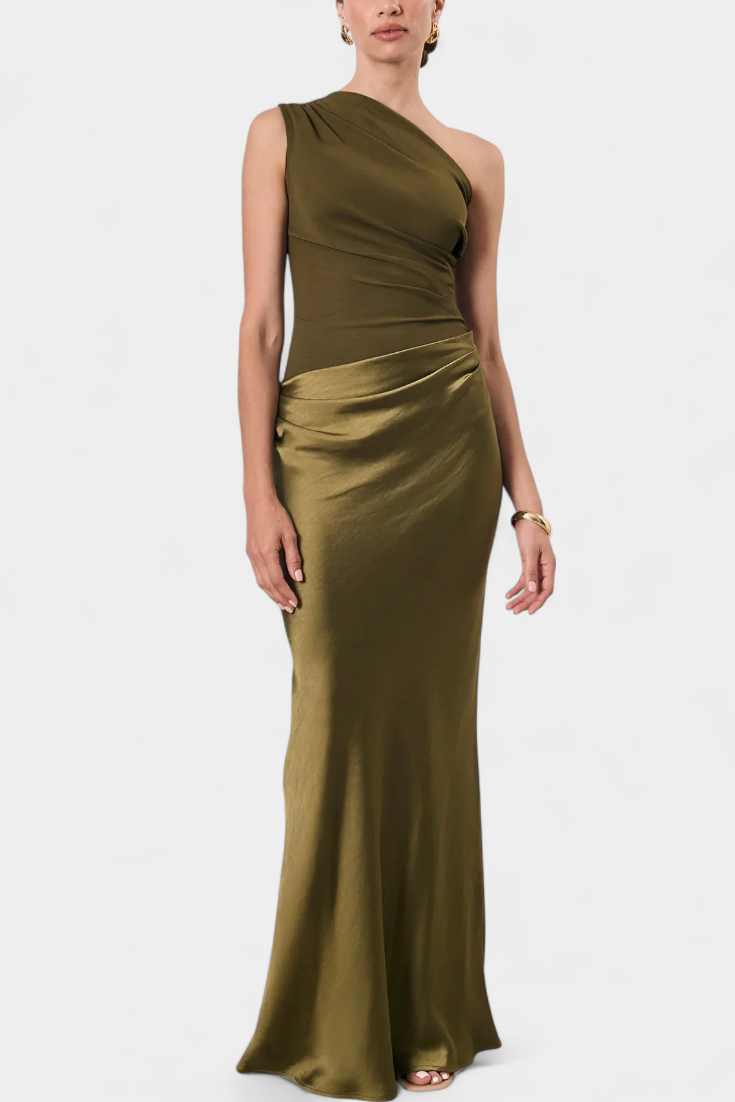 Lía |  Vestido Largo de Fiesta Plisado con Escote de Un Solo Hombro
