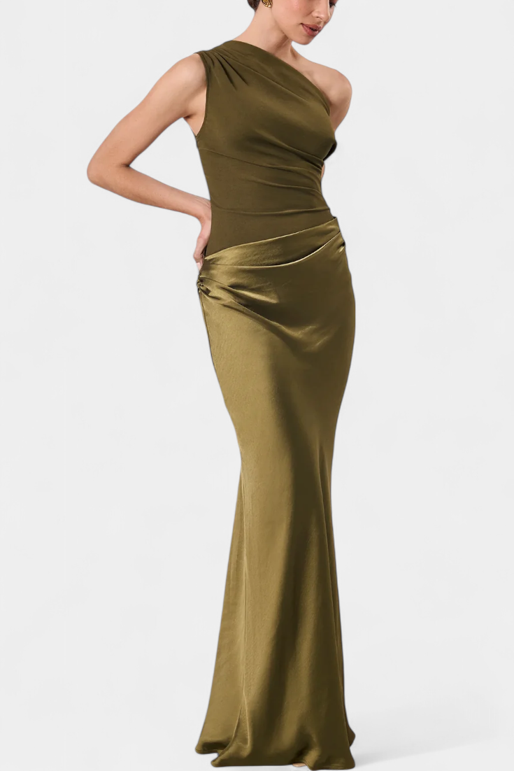 Lía |  Vestido Largo de Fiesta Plisado con Escote de Un Solo Hombro